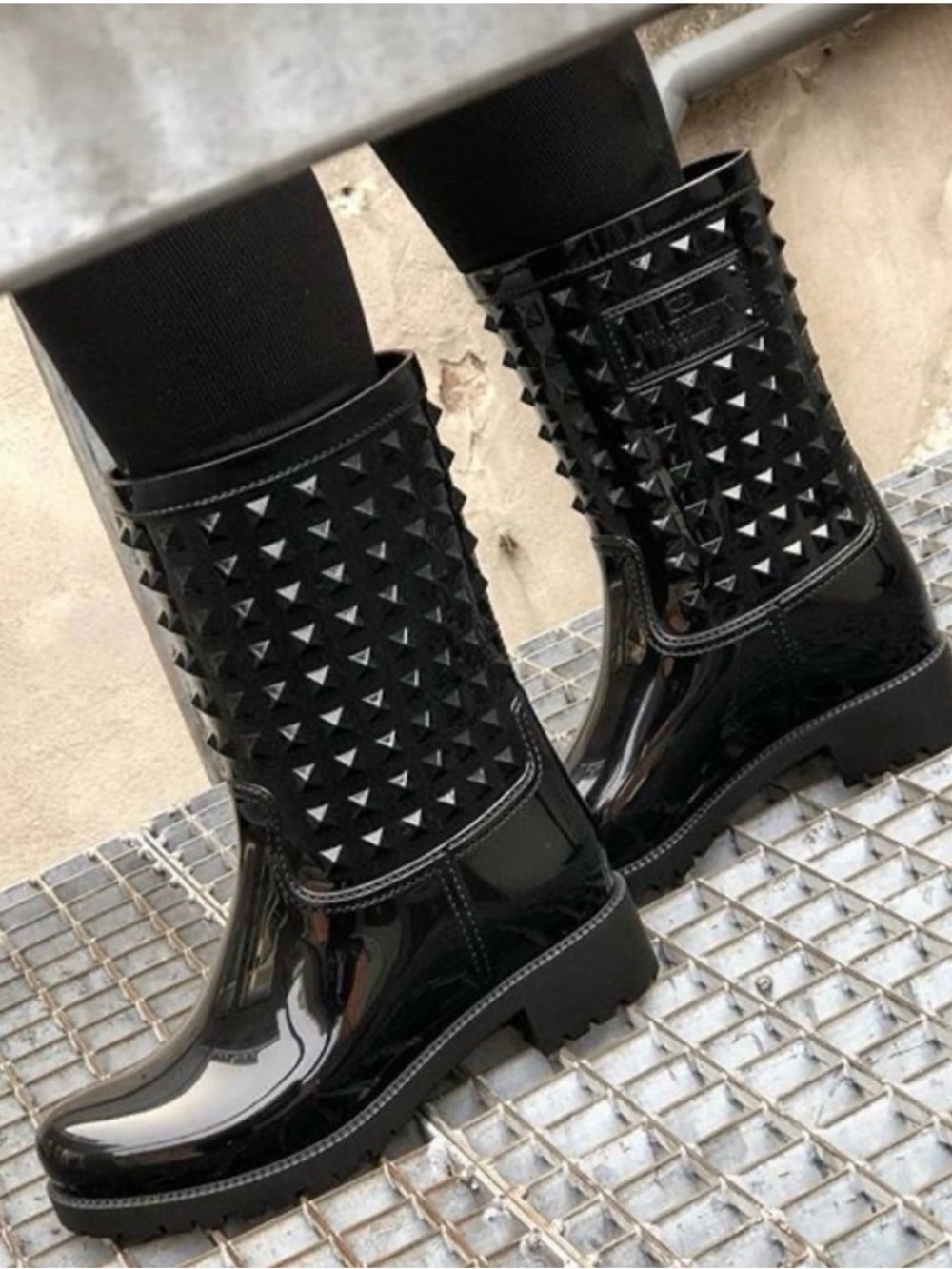 Valentino Garavani Black Patent Studded Mid-Calf Rain Boots